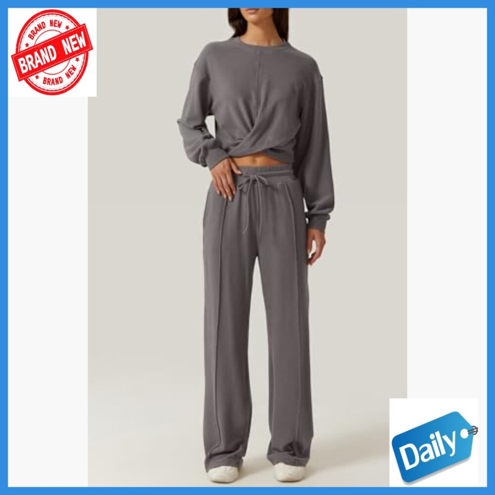 Large 2-Piece Tracksuit Set, Cropped Sweatshirt & Wide Leg Sweatpants, Athletic - Picture 3 of 7